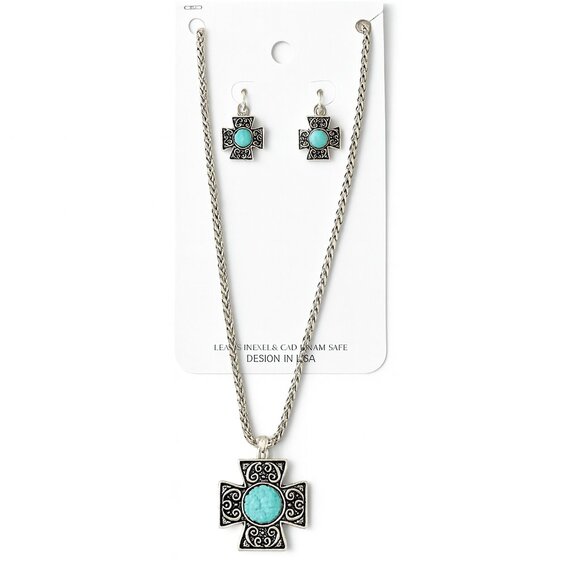 Faux Turquoise Antique Silver Plated Necklace Set - Picture 1 of 7